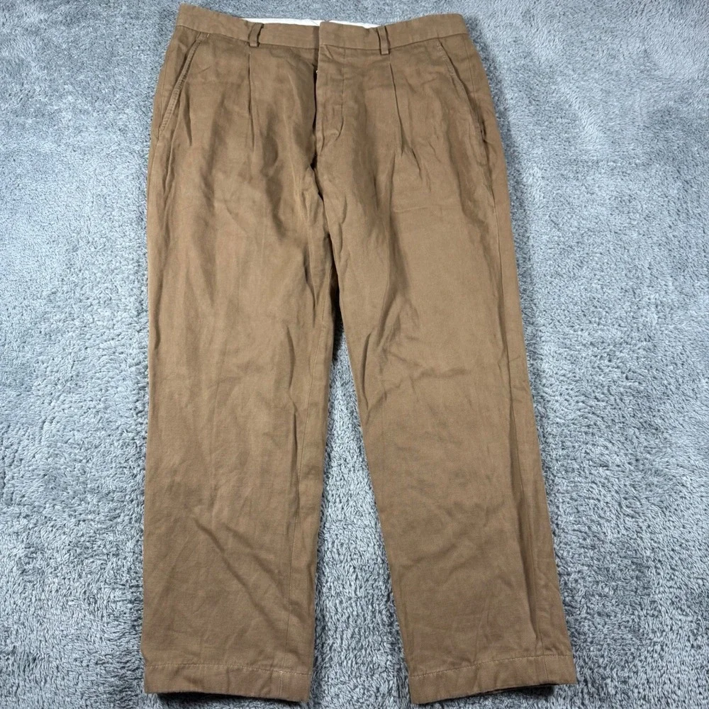 Lacoste Slim Fit Linen Blend Trousers Mens 34x27 Pleated Twill Chinos
